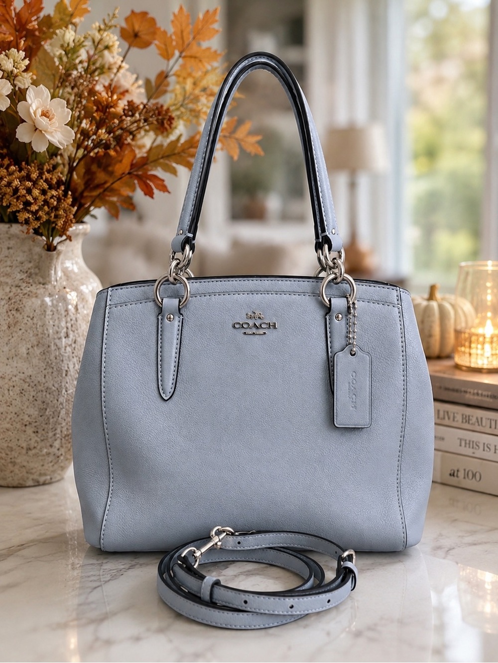 Coach Minetta Satchel F57847 Blue Crossgrain Leather Crossbody Silver Hardware